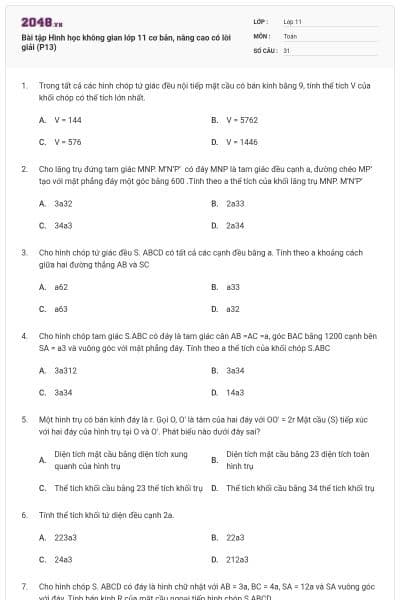 Bài tập Hình học không gian lớp 11 cơ bản, nâng cao có lời giải (P13)