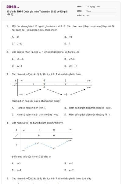 30 đề thi THPT Quốc gia môn Toán năm 2022 có lời giải (đề 6)
