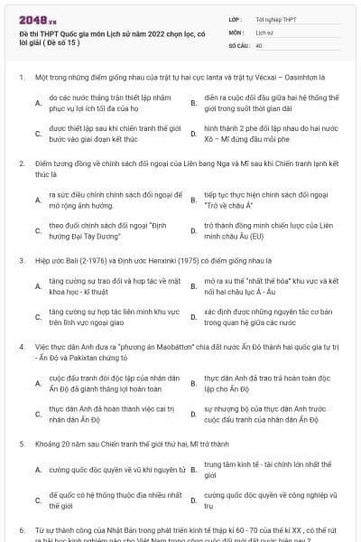 Đề thi THPT Quốc gia môn Lịch sử năm 2022 chọn lọc, có lời giải ( Đề số 15 )
