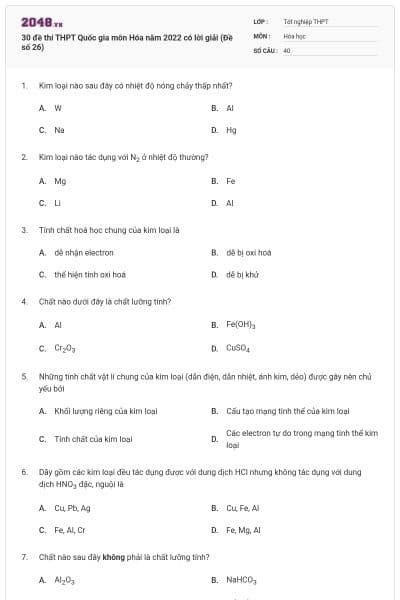 30 đề thi THPT Quốc gia môn Hóa năm 2022 có lời giải (Đề số 26)