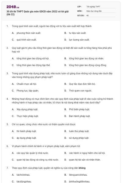 30 đề thi THPT Quốc gia môn GDCD năm 2022 có lời giải (Đề 22)