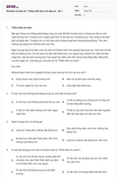 Đề kiểm tra Học kì 1 Tiếng Việt lớp 2 có đáp án - Đề 1