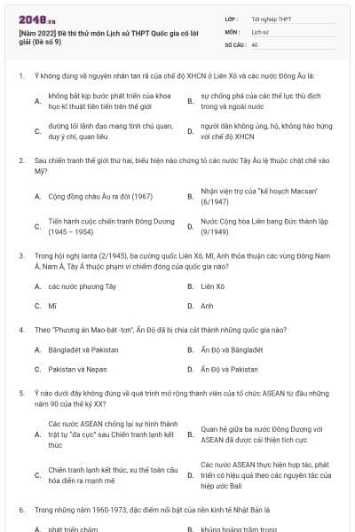 [Năm 2022] Đề thi thử môn Lịch sử THPT Quốc gia có lời giải (Đề số 9)