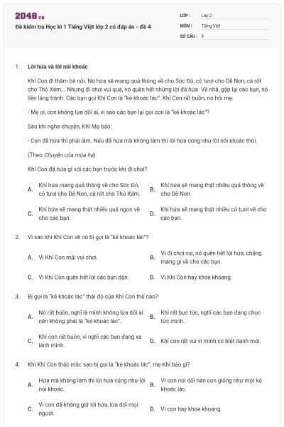 Đề kiểm tra Học kì 1 Tiếng Việt lớp 2 có đáp án - đề 4