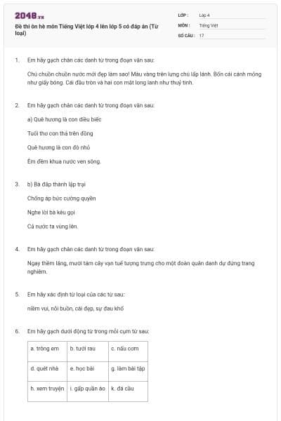 Đề thi ôn hè môn Tiếng Việt lớp 4 lên lớp 5 có đáp án (Từ loại)