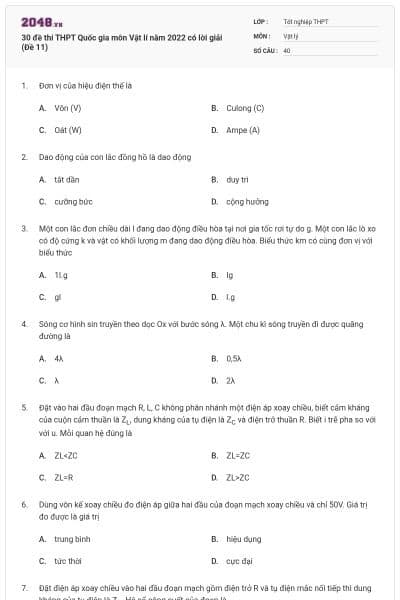 30 đề thi THPT Quốc gia môn Vật lí năm 2022 có lời giải (Đề 11)
