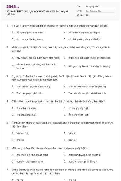 30 đề thi THPT Quốc gia môn GDCD năm 2022 có lời giải (Đề 24)