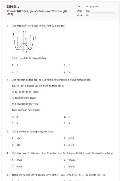 30 đề thi THPT Quốc gia môn Toán năm 2022 có lời giải (đề 7)