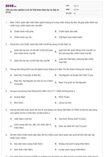 700 câu trắc nghiệm Lịch Sử Việt Nam hiện đại có đáp án (P15)
