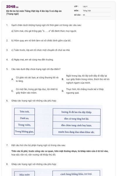 Đề thi ôn hè môn Tiếng Việt lớp 4 lên lớp 5 có đáp án (Trạng ngữ)