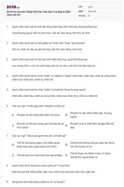 Đề thi ôn hè môn Tiếng Việt lớp 4 lên lớp 5 có đáp án (Mở rộng vốn từ)