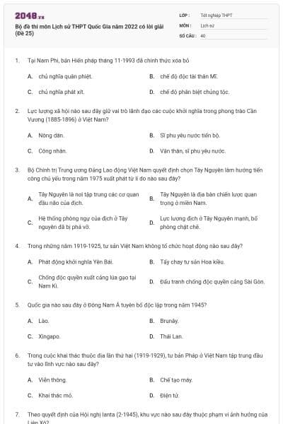 Bộ đề thi môn Lịch sử THPT Quốc Gia năm 2022 có lời giải (Đề 25)