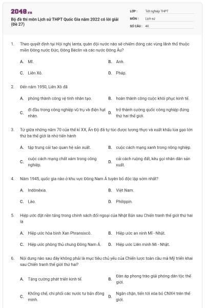 Bộ đề thi môn Lịch sử THPT Quốc Gia năm 2022 có lời giải (Đề 27)