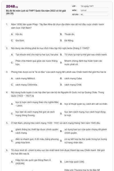 Bộ đề thi môn Lịch sử THPT Quốc Gia năm 2022 có lời giải (Đề 28)