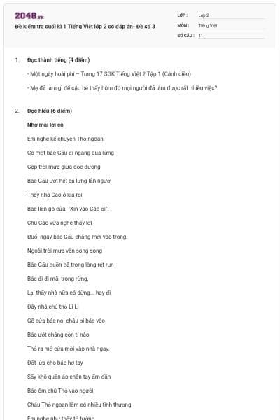Đề kiểm tra cuối kì 1 Tiếng Việt lớp 2 có đáp án- Đề số 3