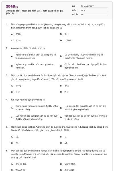 30 đề thi THPT Quốc gia môn Vật lí năm 2022 có lời giải (Đề 13)