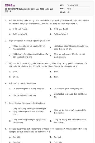 30 đề thi THPT Quốc gia môn Vật lí năm 2022 có lời giải (Đề 14)