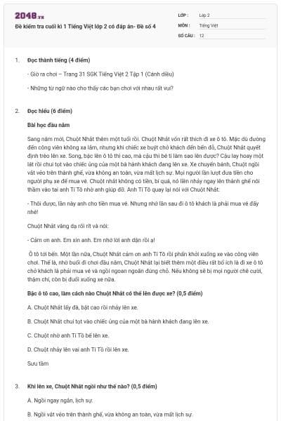 Đề kiểm tra cuối kì 1 Tiếng Việt lớp 2 có đáp án- Đề số 4