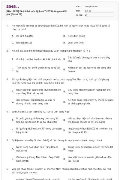 [Năm 2022] Đề thi thử môn Lịch sử THPT Quốc gia có lời giải (Đề số 12)