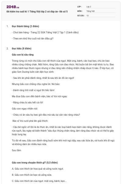 Đề kiểm tra cuối kì 1 Tiếng Việt lớp 2 có đáp án- Đề số 5