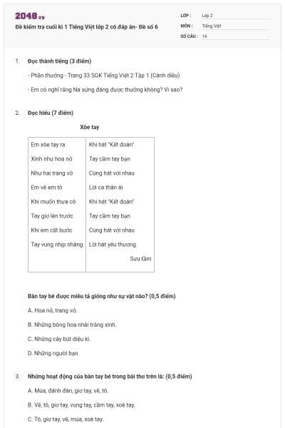 Đề kiểm tra cuối kì 1 Tiếng Việt lớp 2 có đáp án- Đề số 6