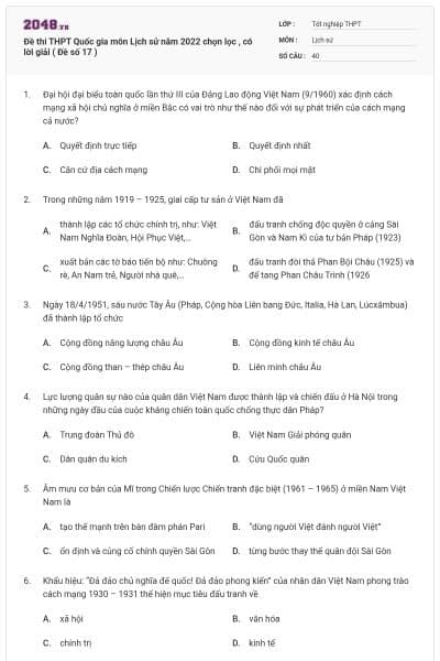 Đề thi THPT Quốc gia môn Lịch sử năm 2022 chọn lọc , có lời giải ( Đề số 17 )