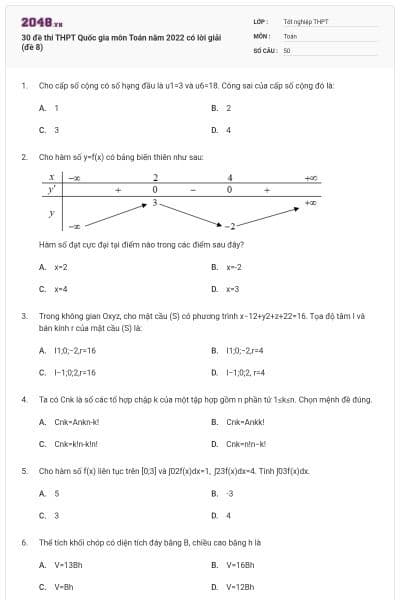 30 đề thi THPT Quốc gia môn Toán năm 2022 có lời giải (đề 8)