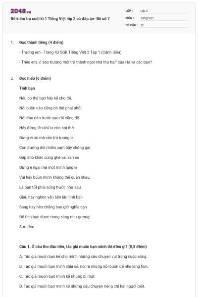 Đề kiểm tra cuối kì 1 Tiếng Việt lớp 2 có đáp án- Đề số 7