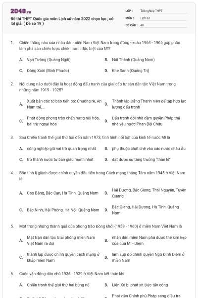 Đề thi THPT Quốc gia môn Lịch sử năm 2022 chọn lọc , có lời giải ( Đề số 19 )