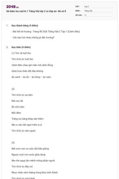 Đề kiểm tra cuối kì 1 Tiếng Việt lớp 2 có đáp án- Đề số 8