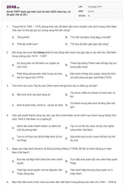 Đề thi THPT Quốc gia môn Lịch sử năm 2022 chọn lọc, có lời giải ( Đề số 20 )