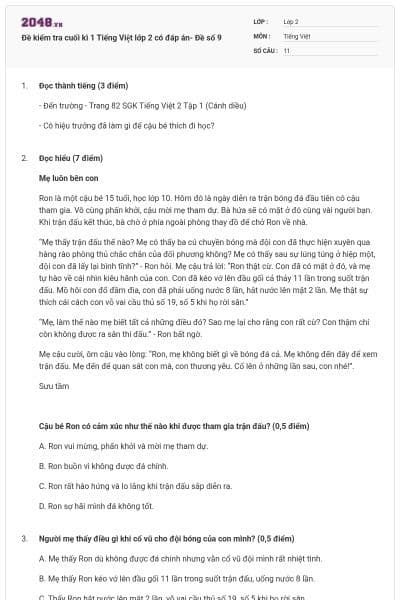 Đề kiểm tra cuối kì 1 Tiếng Việt lớp 2 có đáp án- Đề số 9