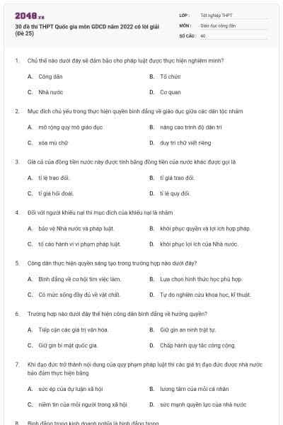 30 đề thi THPT Quốc gia môn GDCD năm 2022 có lời giải (Đề 25)