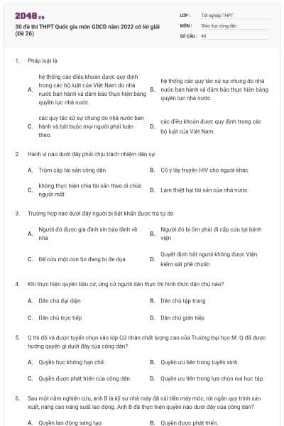 30 đề thi THPT Quốc gia môn GDCD năm 2022 có lời giải (Đề 26)