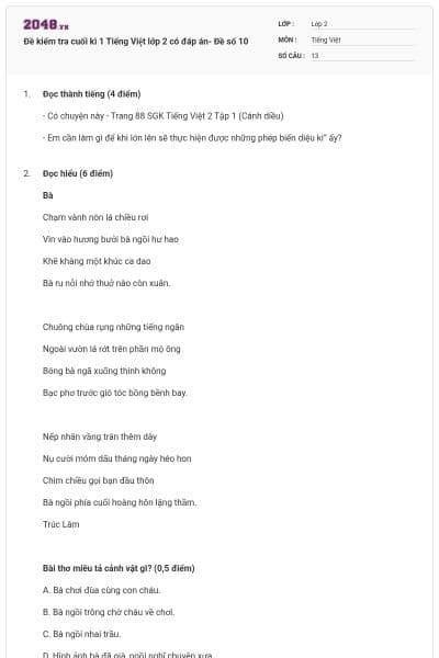 Đề kiểm tra cuối kì 1 Tiếng Việt lớp 2 có đáp án- Đề số 10
