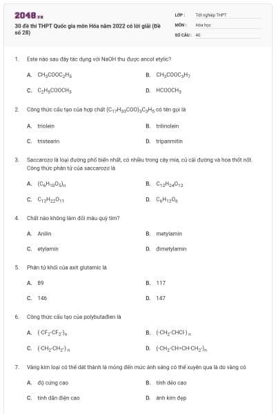 30 đề thi THPT Quốc gia môn Hóa năm 2022 có lời giải (Đề số 28)