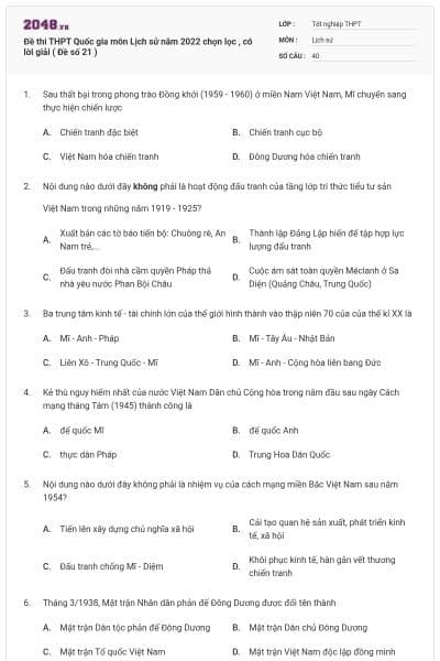 Đề thi THPT Quốc gia môn Lịch sử năm 2022 chọn lọc , có lời giải ( Đề số 21 )