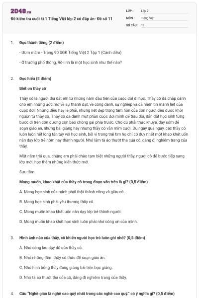 Đề kiểm tra cuối kì 1 Tiếng Việt lớp 2 có đáp án- Đề số 11