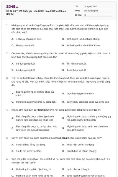 30 đề thi THPT Quốc gia môn GDCD năm 2022 có lời giải (Đề 27)