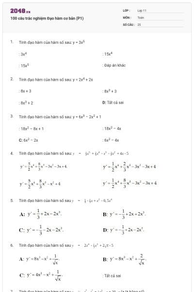 100 câu trắc nghiệm Đạo hàm cơ bản (P1)