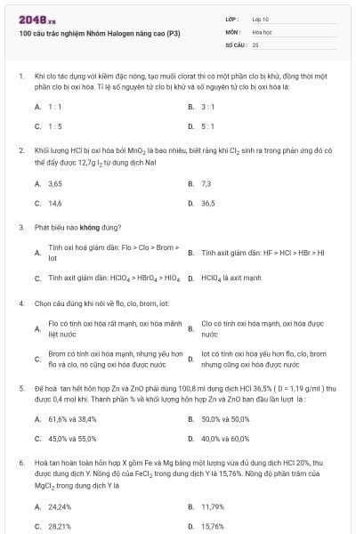 100 câu trắc nghiệm Nhóm Halogen nâng cao (P3)