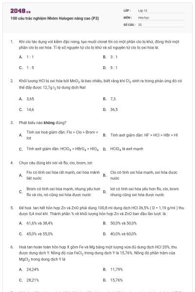 100 câu trắc nghiệm Nhóm Halogen nâng cao (P3)