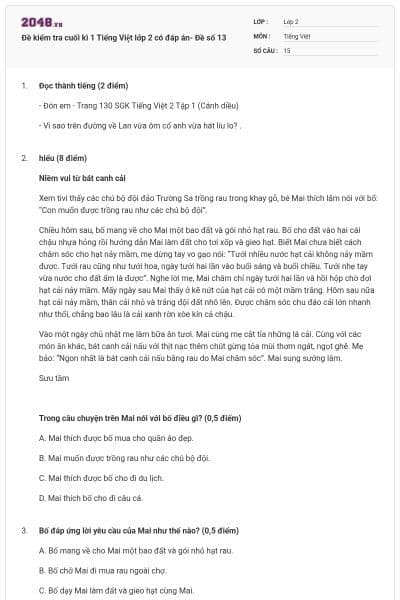 Đề kiểm tra cuối kì 1 Tiếng Việt lớp 2 có đáp án- Đề số 13