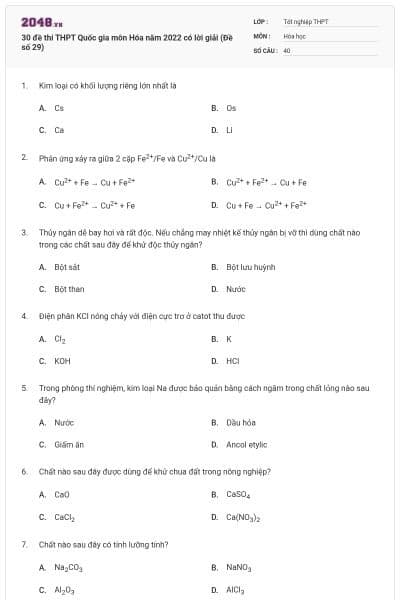 30 đề thi THPT Quốc gia môn Hóa năm 2022 có lời giải (Đề số 29)