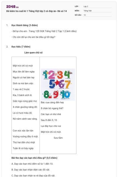 Đề kiểm tra cuối kì 1 Tiếng Việt lớp 2 có đáp án- Đề số 14