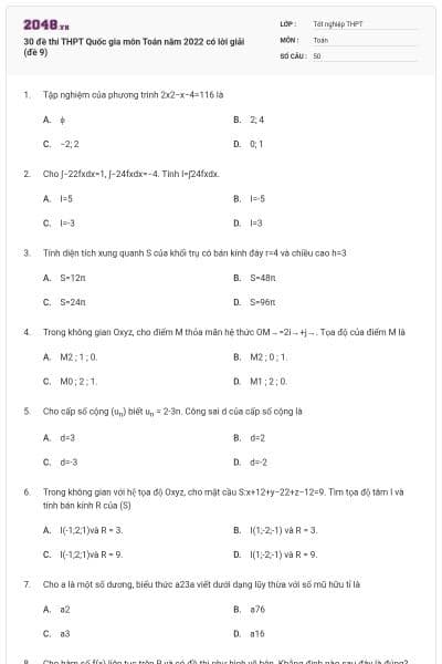 30 đề thi THPT Quốc gia môn Toán năm 2022 có lời giải (đề 9)