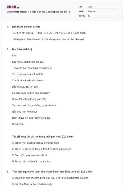 Đề kiểm tra cuối kì 1 Tiếng Việt lớp 2 có đáp án- Đề số 15