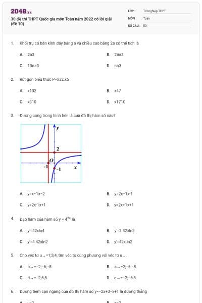 30 đề thi THPT Quốc gia môn Toán năm 2022 có lời giải (đề 10)