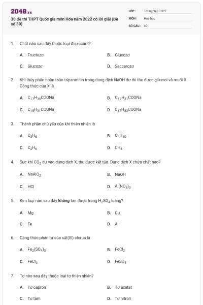 30 đề thi THPT Quốc gia môn Hóa năm 2022 có lời giải (Đề số 30)