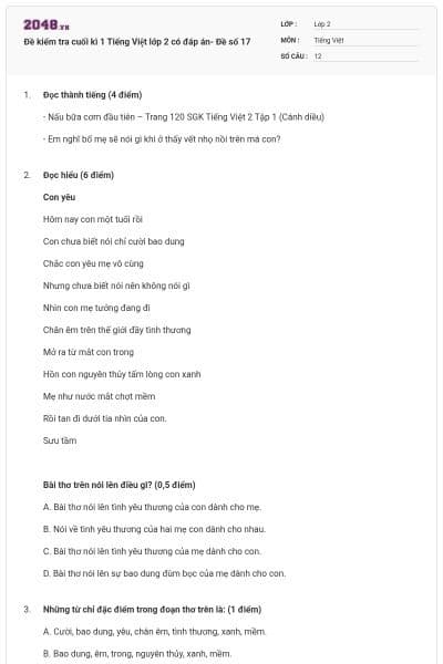 Đề kiểm tra cuối kì 1 Tiếng Việt lớp 2 có đáp án- Đề số 17